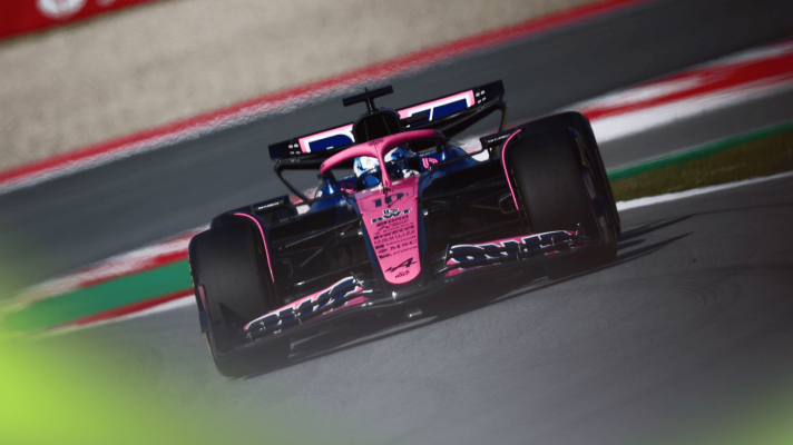 An action shot of Pierre Gasly's Alpine on track in Barcelona