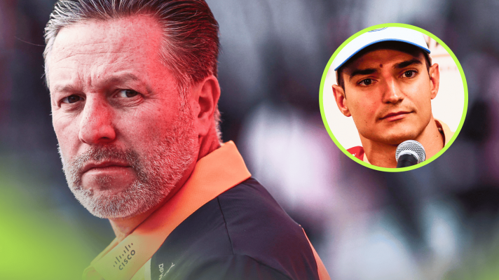 Zak Brown looking over his shoulder with an inset of Alex Palou alongside him
