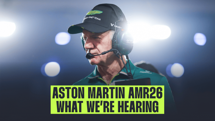 Adrian Newey looks on under the lights in Qatar with a banner reading: 'Aston Martin AMR26: What we're hearing'