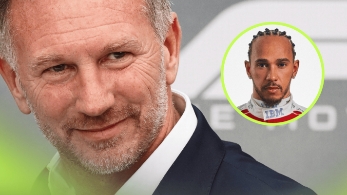 Christian Horner smiles at the F1 movie premier with an inset of Lewis Hamilton