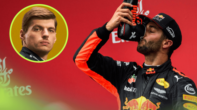 Daniel Ricciardo drinking from a shoe on the podium during his Red Bull career with an inset of Max Verstappen