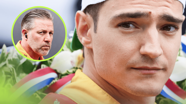 A close-up shot of Alex Palou glancing over his shoulder with an inset of Zak Brown