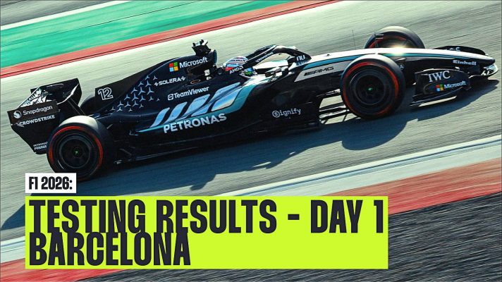 Mercedes' George Russell on track during Day 1 in Barcelona.