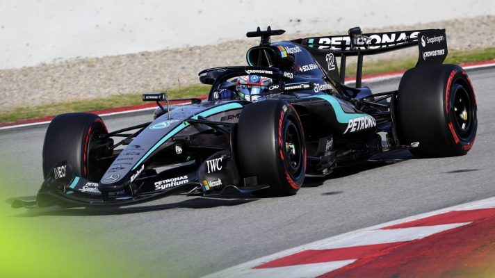 Mercedes' Kimi Antonelli on track in Barcelona testing 2026.