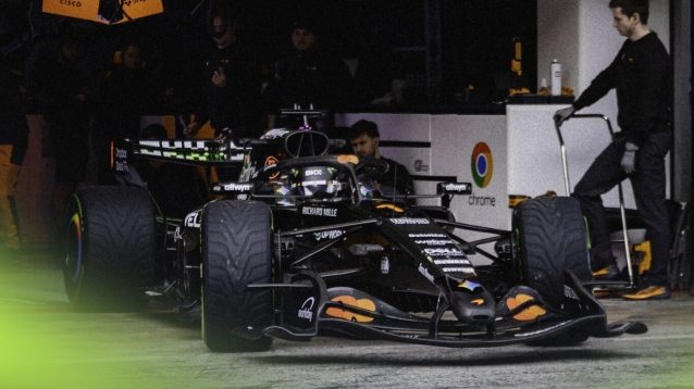 Lando Norris pulled out of the McLaren garage in the MCL40 during the Barcelona shakedown.