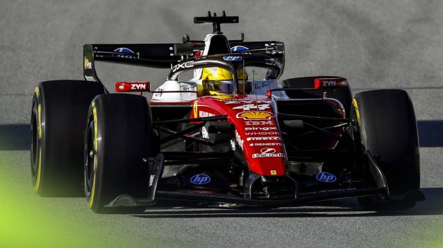 Ferrari's Lewis Hamilton drivers the Ferrari SF-26 at the Barcelona shakedown.