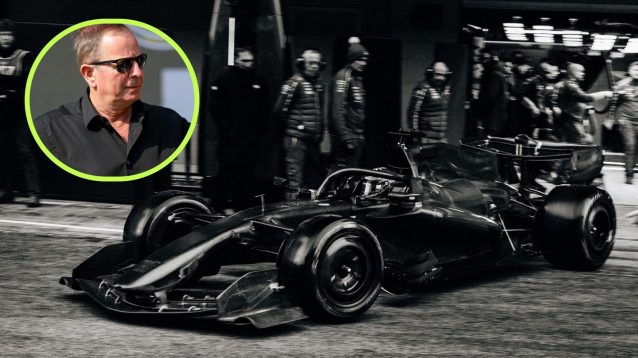 A black and white image of the Aston Martin AMR26 leaving the garage at the Barcelona shakedown, and Martin Brundle in a top left circle