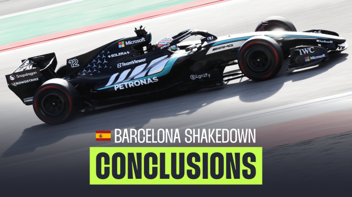 An action shot of Kimi Antonelli's Mercedes on track in Barcelona testing with a PlanetF1.com conclusions banner positioned centre-bottom