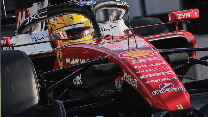 An action shot of Lewis Hamilton's Ferrari in the Barcelona pit lane