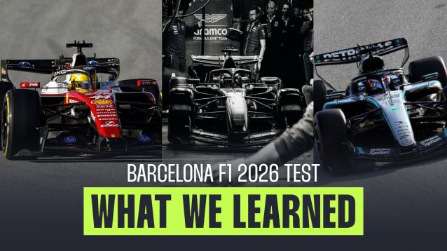 From left to right, Lewis Hamilton, Ferrari SF-26, the Aston Martin AMR26, and the Mercedes W17, in the Barcelona 2026 test