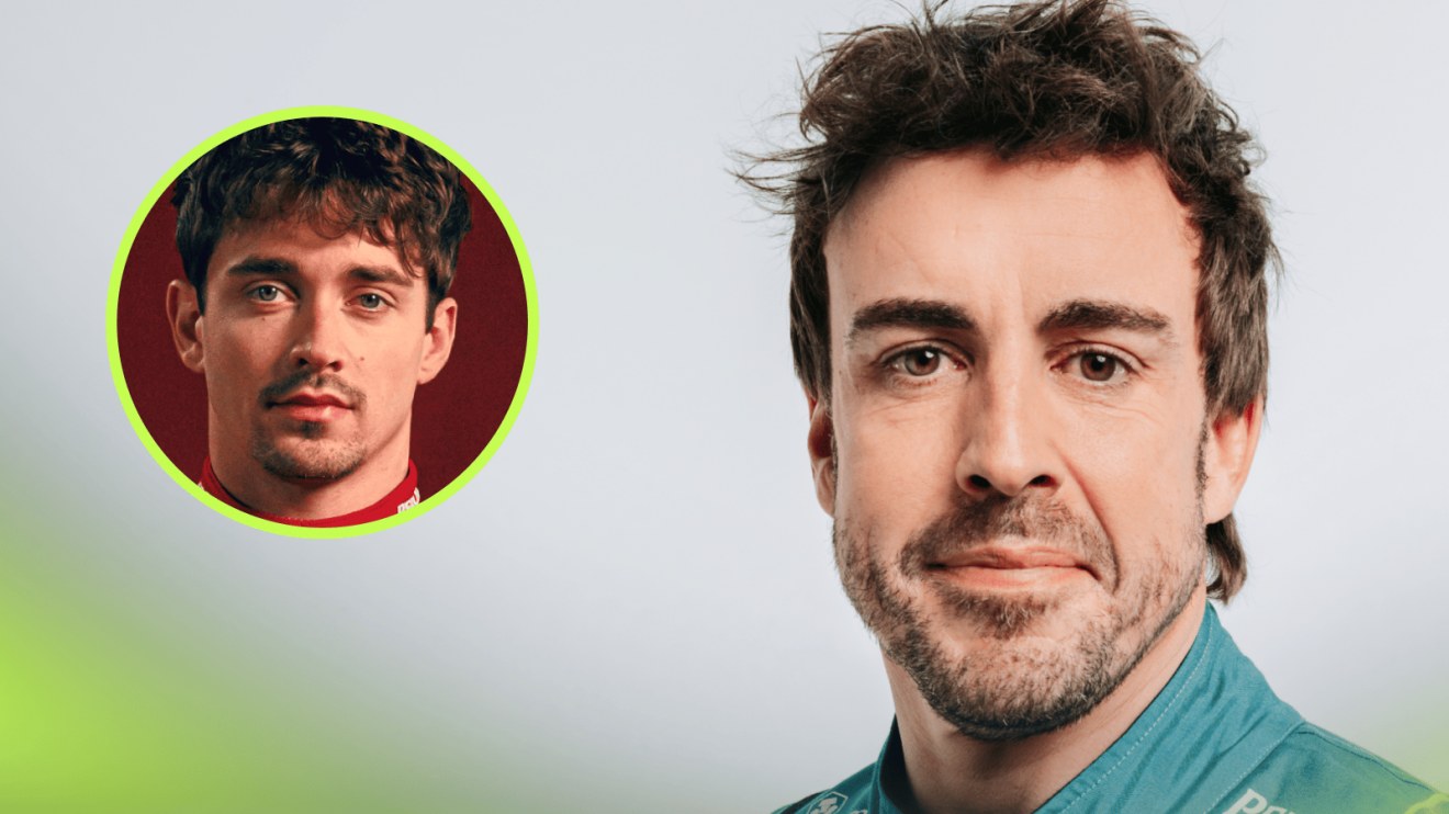 A studio shot of Fernando Alonso in Aston Martin overalls with an inset of Charles Leclerc