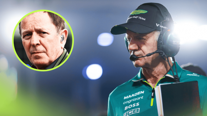 Adrian Newey clutches his notebook on the grid in Qatar with an inset of Martin Brundle
