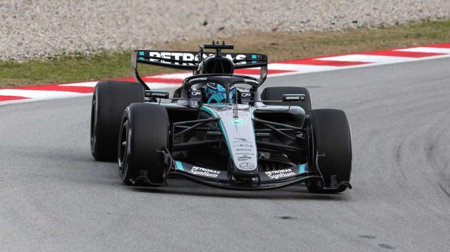 George Russell pilots the Mercedes W17 at Barcelona.