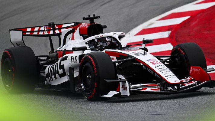 Haas' Oliver Bearman on track at the Barcelona shakedown in 2026.