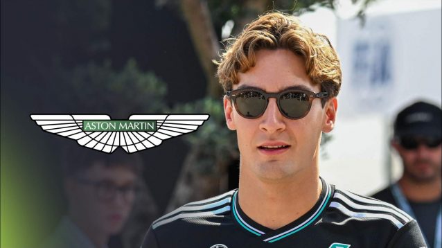 George Russell next to an Aston Martin logo.