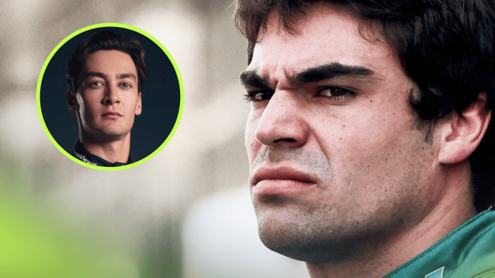 A close-up shot of Lance Stroll with an inset of George Russell