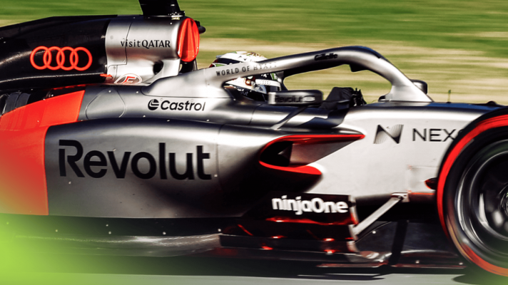 A zoomed-in shot of Gabriel Bortoleto on track in the Audi in Barcelona
