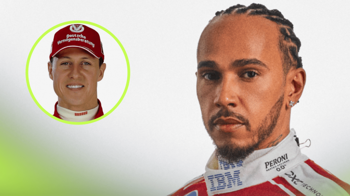 A portrait shot of Lewis Hamilton in Ferrari 2026 overalls against a white background with an inset of Michael Schumacher