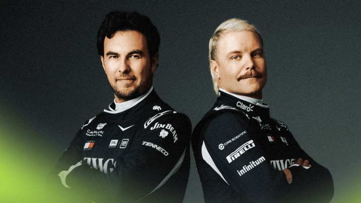 Sergio Perez and Valtteri Bottas pose shoulder to shoulder in Cadillac 2026 race suits