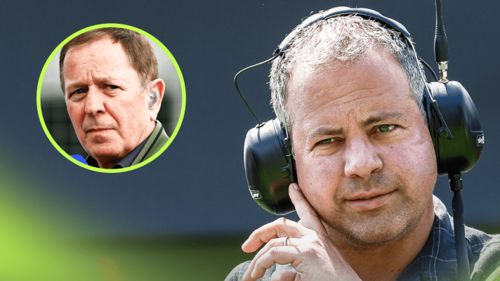 Ted Kravitz wearing a set of headphones with an inset of Martin Brundle