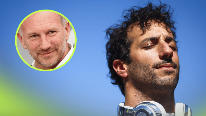 Daniel Ricciardo stood with his eyes closed against a bright-blue sky with an inset of Christian Horner
