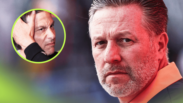 A close-up shot of Zak Brown glancing over his shoulder with an inset of an angry Toto Wolff