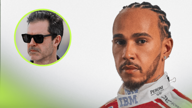 Lewis Hamilton poses in Ferrari 2026 race overalls with an inset of Marc Hynes