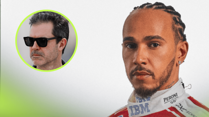 Lewis Hamilton poses in Ferrari 2026 race overalls with an inset of Marc Hynes
