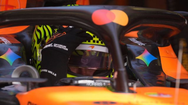 Lando Norris in the McLaren garage in the MCL40