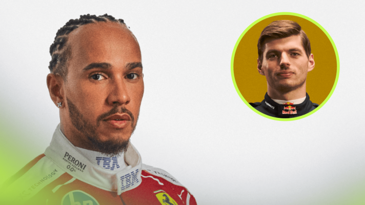 A portrait shot of Lewis Hamilton with an inset of Max Verstappen