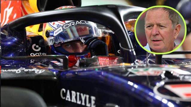 Max Verstappen in the RB22, Martin Brundle in the circle