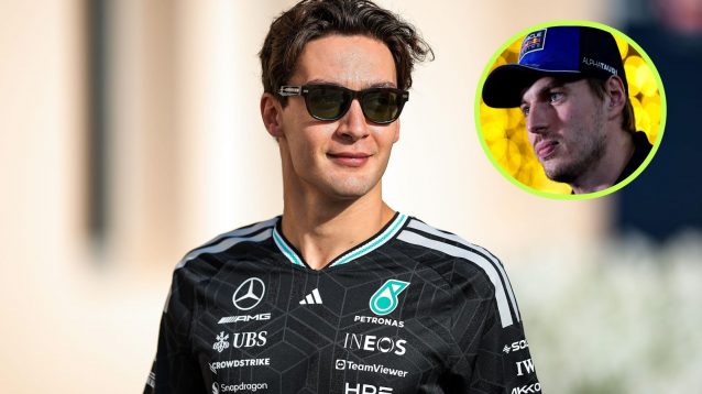George Russell, Mercedes, pictured at F1 2026 Bahrain testing, as Max Verstappen, Red Bull, appears in a top right circle