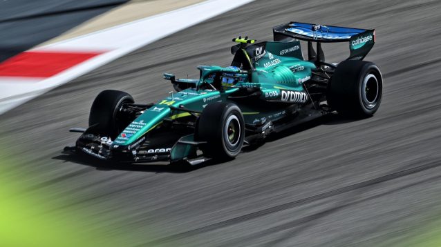 Fernando Alonso on track in the Aston Martin AMR26.