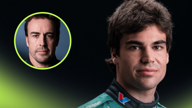 A portrait shot of Lance Stroll with an inset of Fernando Alonso