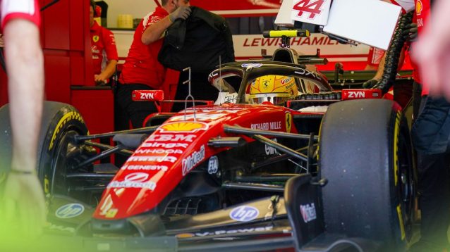 Lewis Hamilton sat in the Ferrari SF-26 during Bahrain 2026 testing