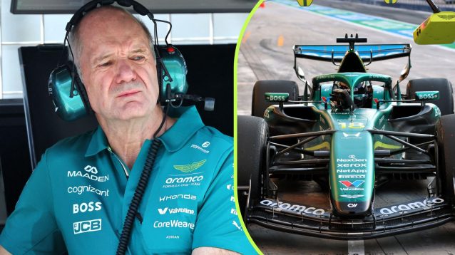 On the left, Aston Martin's Adrian Newey, and on the right, Lance Stroll parks up the AMR26