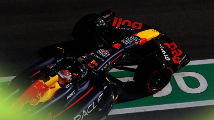 Max Verstappen pulls out f the garage in the 2023 Red Bull RB19.