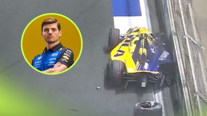 Izzy Hammond crashes a Formula E car; Max Verstappen inset.