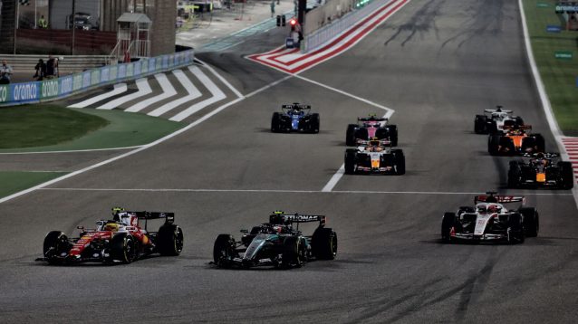 Lewis Hamilton leads into Turn 1, practice start
