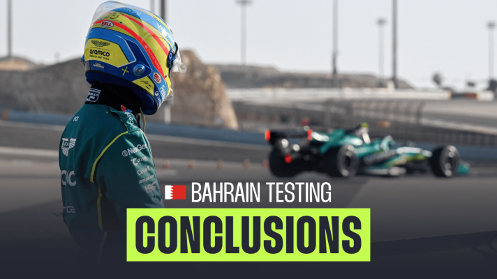 Fernando Alonso looks at his stricken Aston Martin in Bahrain with a PlanetF1.com conclusions banner positioned centre-bottom