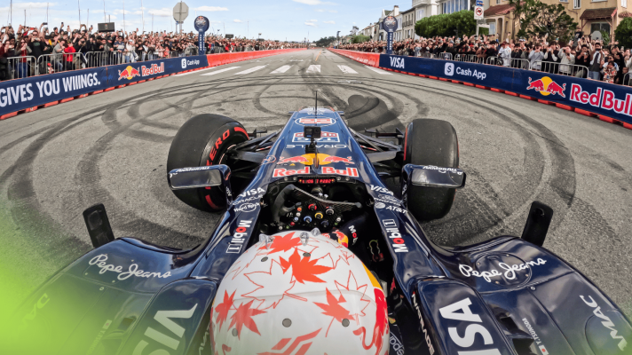 A unique shot of Yuki Tsunoda at the wheel of the RB7 in San Francisco in the style of an F1 onboard camera shot
