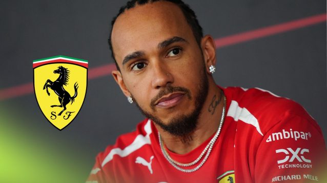 Lewis Hamilton pictured at Bahrain 2026 testing, as a Ferrari logo appears on the left