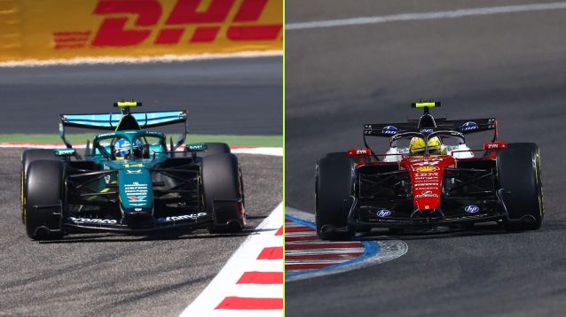 Fernando Alonso, Aston Martin, left, and Lewis Hamilton, Ferrari, right on track in Bahrain 2026 testing