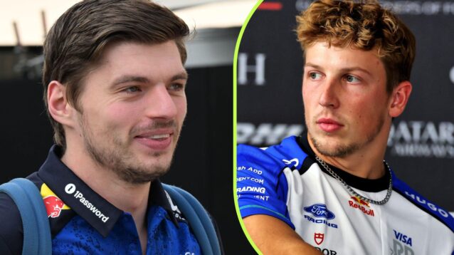 On the left, Max Verstappen, Red Bull, on the right, Liam Lawson, Racing Bulls, pictured at Bahrain 2026 testing