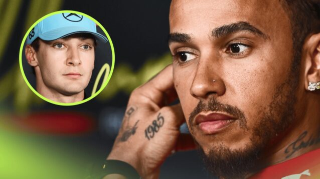 A close-up shot of Lewis Hamilton in a press conference with an inset of George Russell