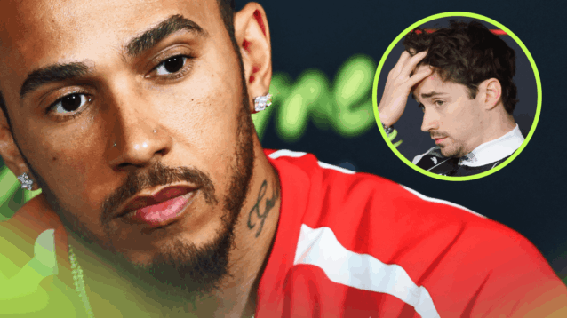 A close-up shot of Lewis Hamilton in a press conference with an inset of Charles Leclerc holding his hand to his head