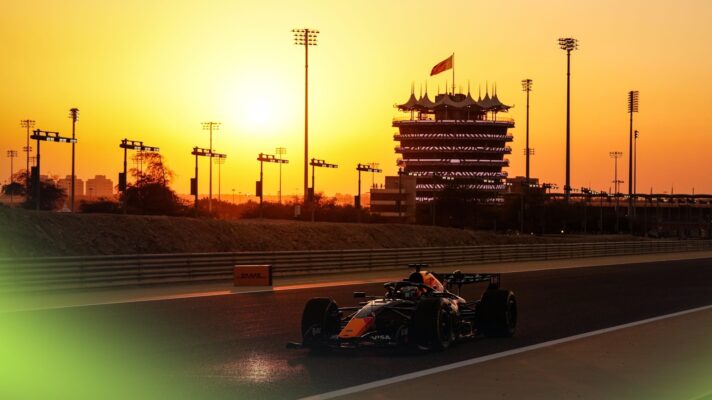 Max Versatppen on track as the sun sets over 2026 pre-season testing in Bahrain.