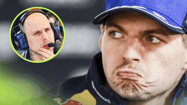 Max Verstappen pulls a face during an interview with an inset of GianPiero Lambiase