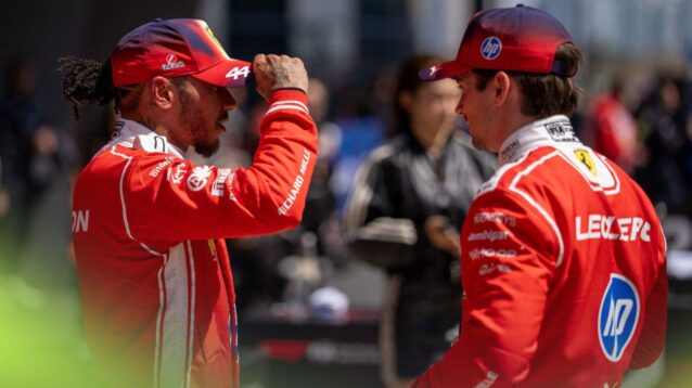 Lewis Hamilton and Charles Leclerc, Ferrari, in discussion at the 2026 Chinese Grand Prix
