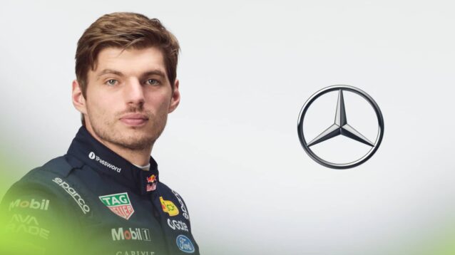 A studio shot of Max Verstappen in 2026 Red Bull overalls with a Mercedes logo alongside him